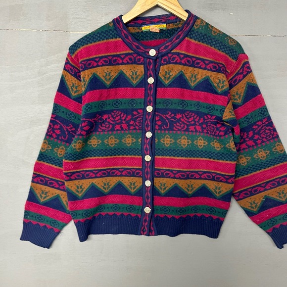 Vintage Bryn Connelly Fair Isle Floral Cardigan Sweater Multicolor Size M 2946 - Picture 2 of 4